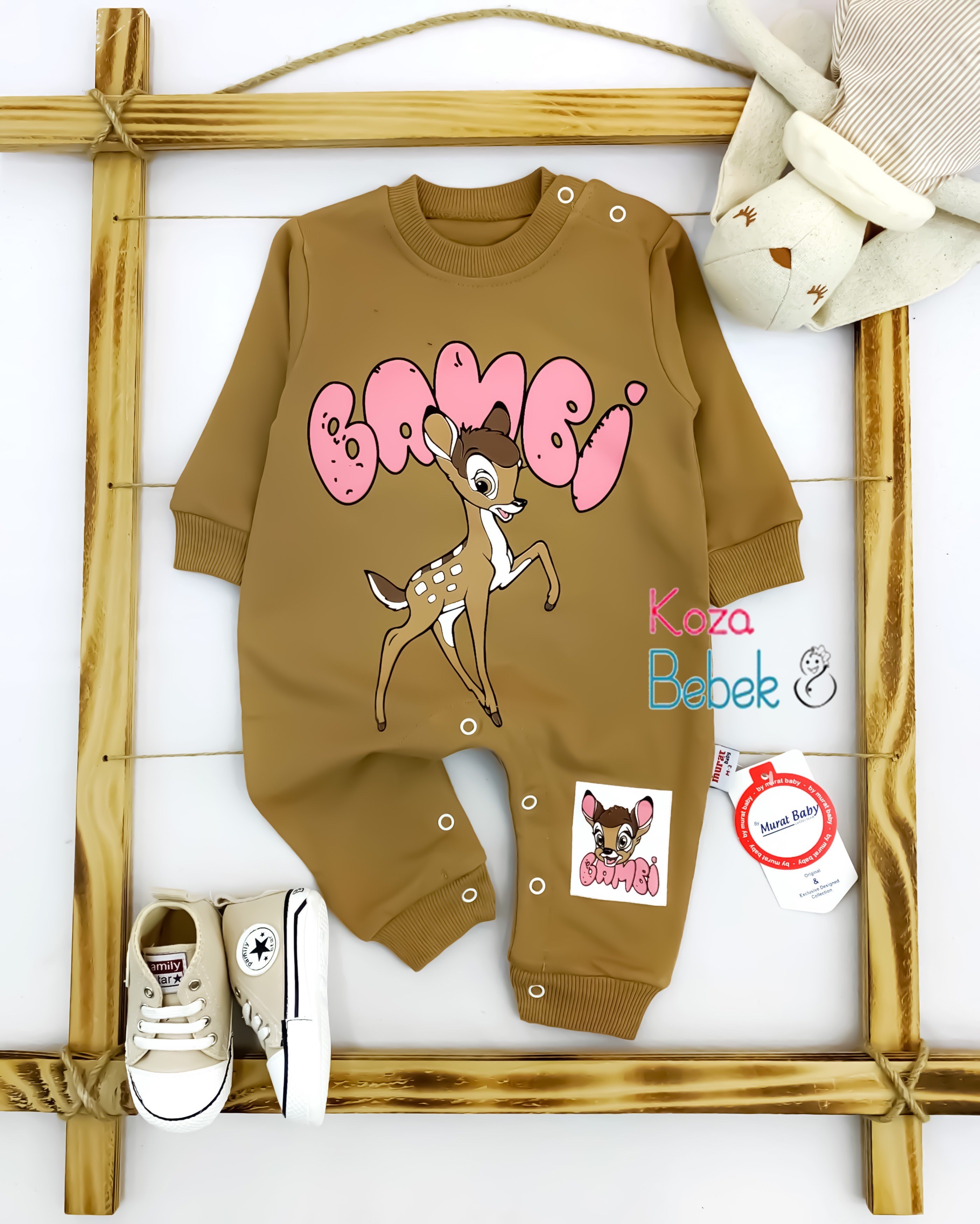 Miniapple Bambi Geyik Baskılı Alttan ve Omuzdan Çıtçıtlı Bebek Tulumu