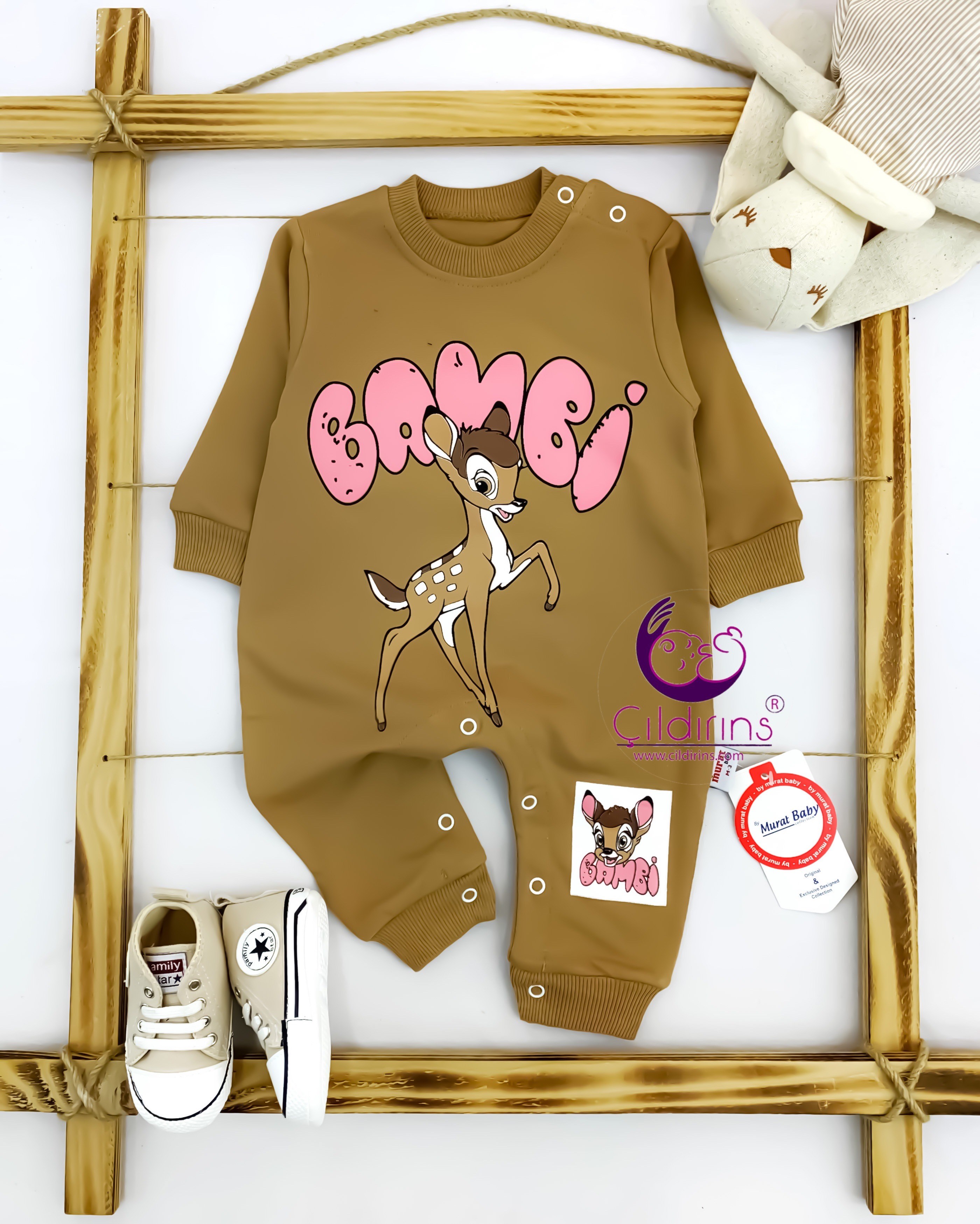 Miniapple Bambi Geyik Baskılı Alttan ve Omuzdan Çıtçıtlı Bebek Tulumu - HARDAL