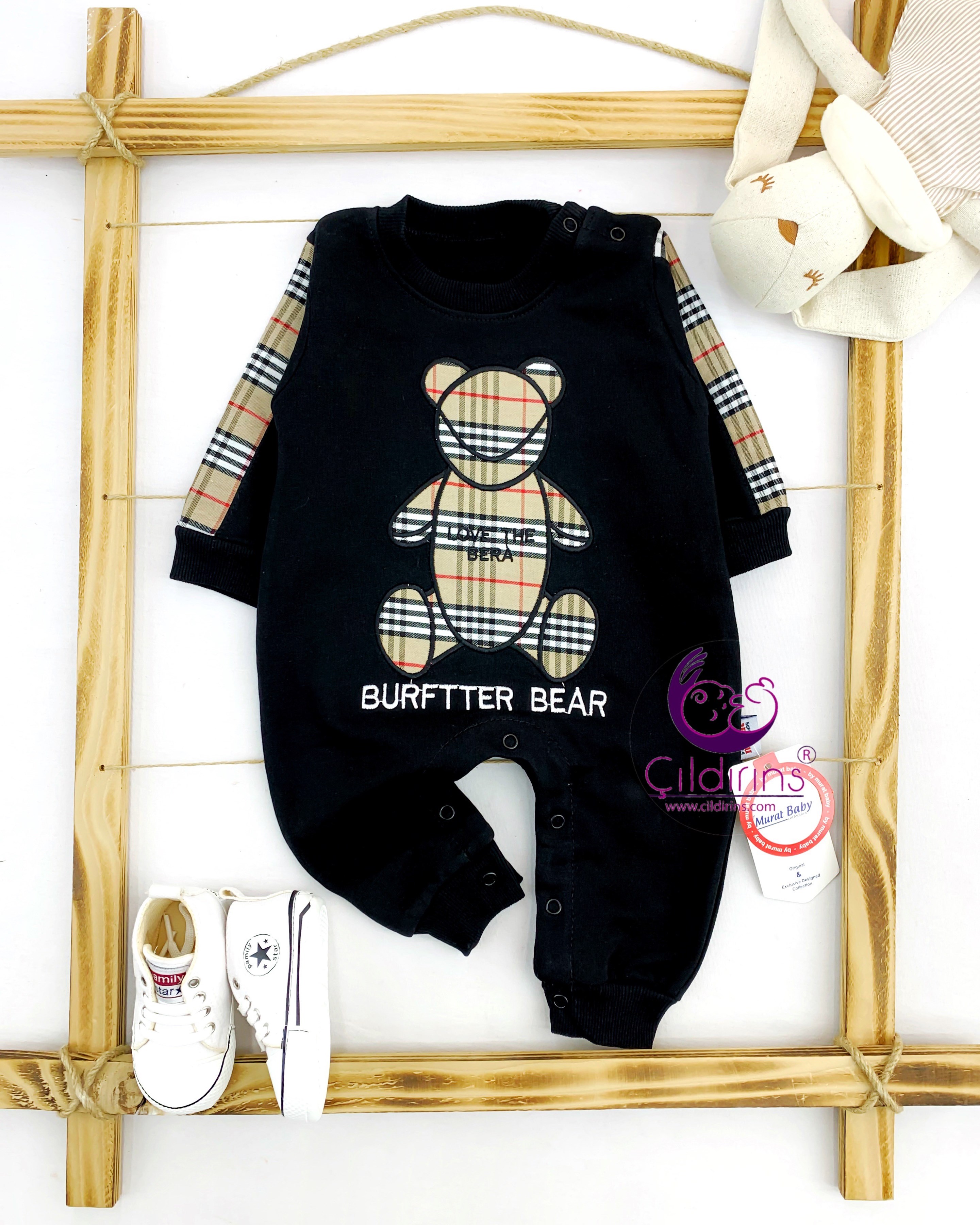 Miniapple Burftter Bear Ayıcık Nakışlı Alttan Çıtçıtlı Bebek Tulumu - FÜME