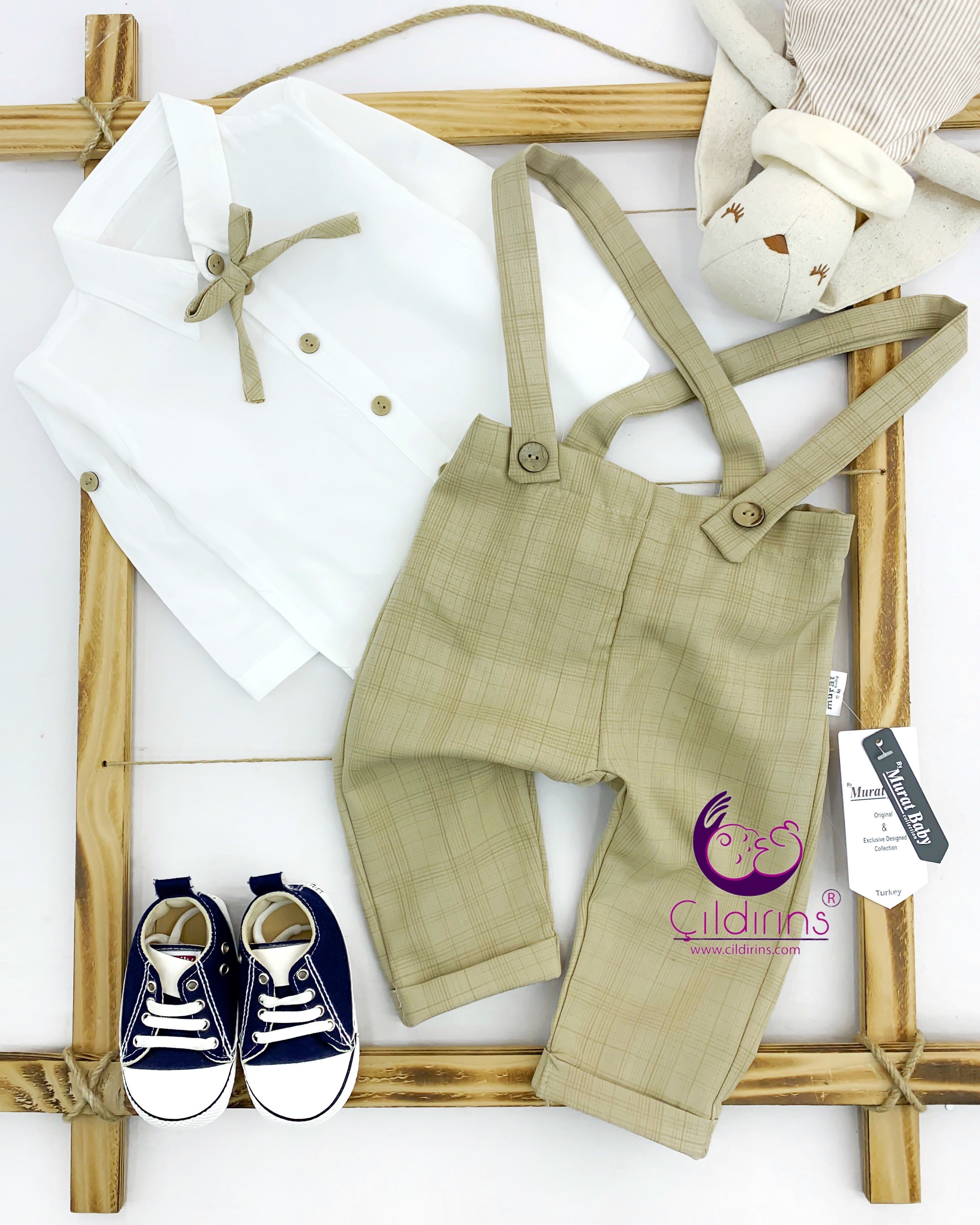 Miniapple Gömlekli Fiyonklu Ekose Pantolonlu Askılı 2’li Bebek Takımı - LACİVERT