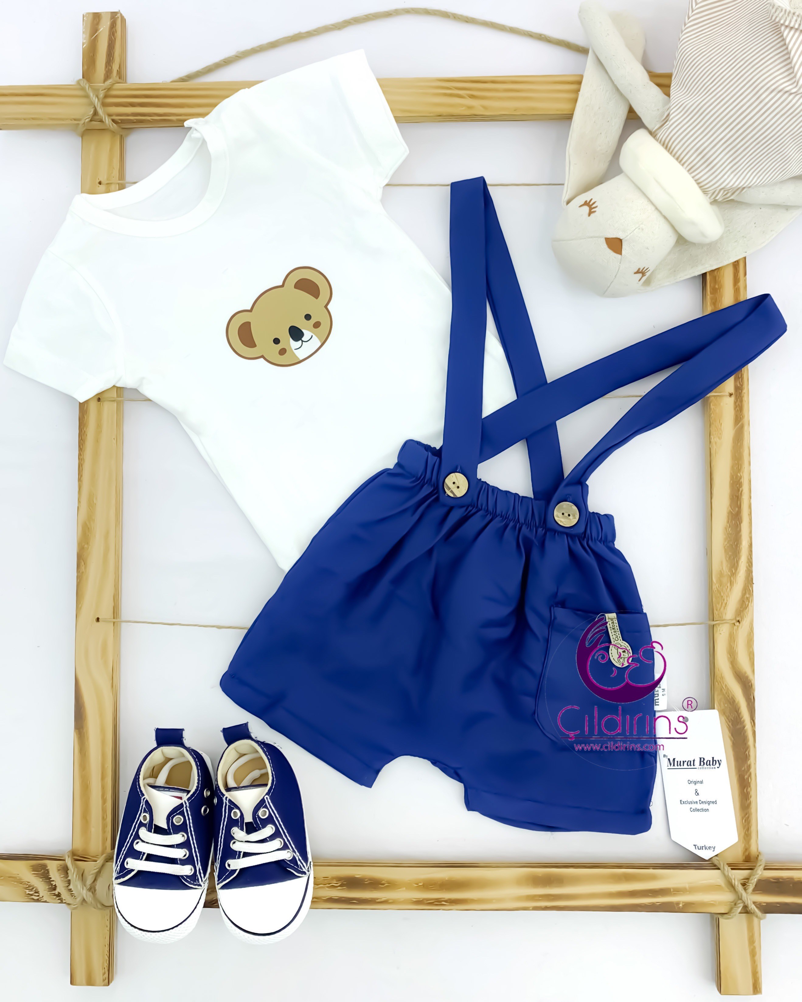 Miniapple Yazlık Ayıcık Baskılı T shirt Askılı 2’li Bebek Takımı - HARDAL