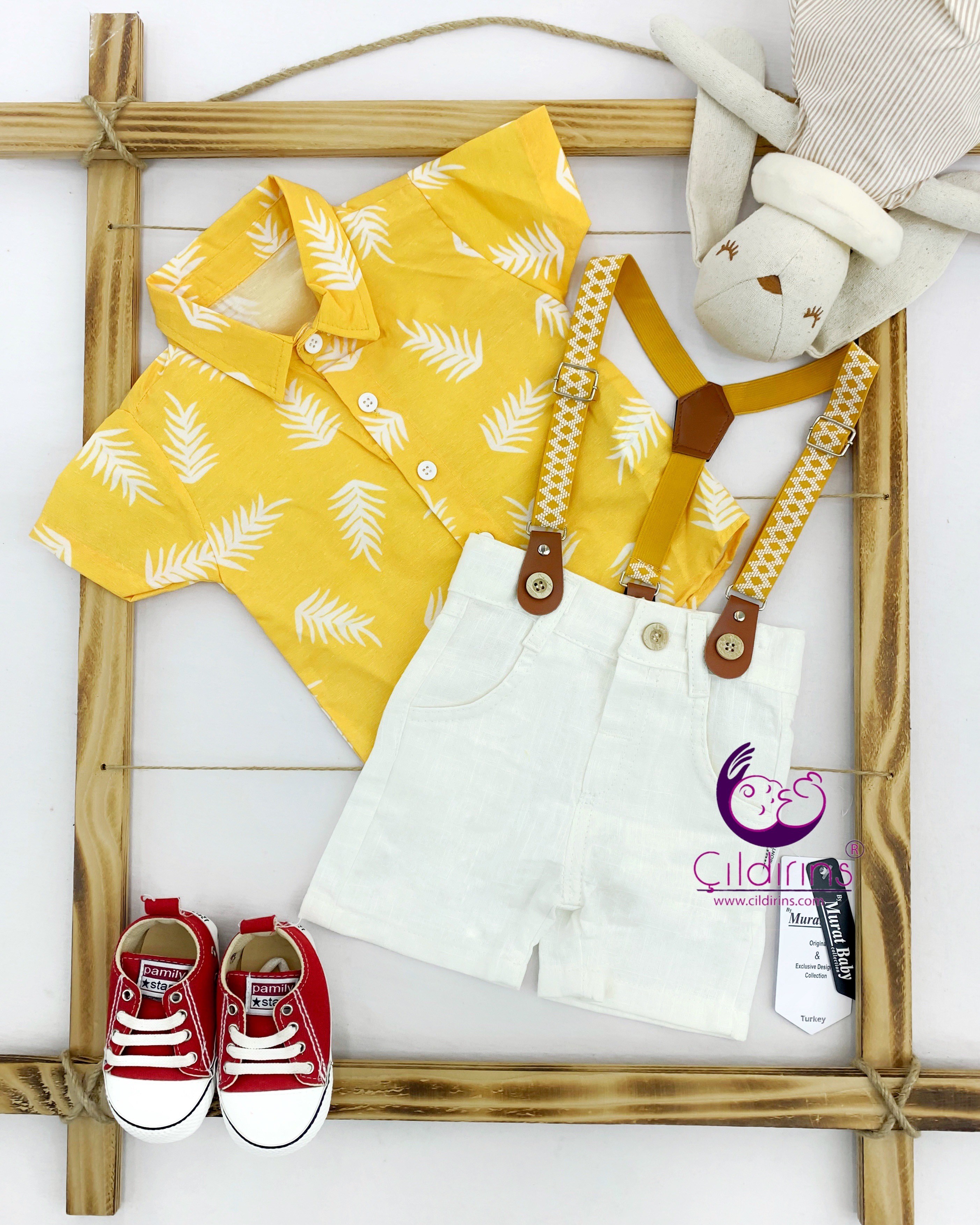 Miniapple Yazlık Gömlekli Palmiye Baskılı Askılı 2’li Bebek Takımı - SARI