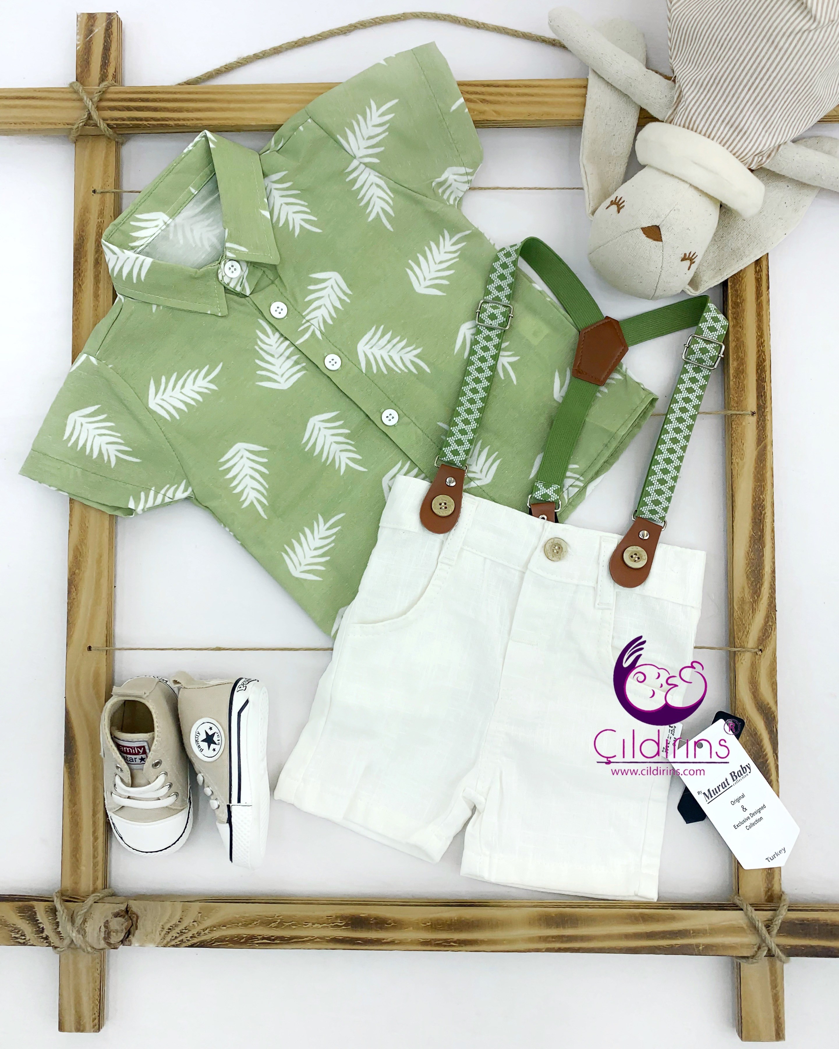 Miniapple Yazlık Gömlekli Papyonlu Palmiye Baskılı Askılı 2’li Bebek Takımı - SOMON