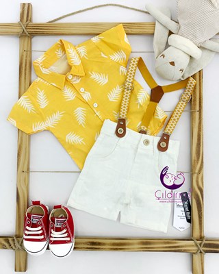 Miniapple Yazlık Gömlekli Palmiye Baskılı Askılı 2’li Bebek Takımı - BORDO