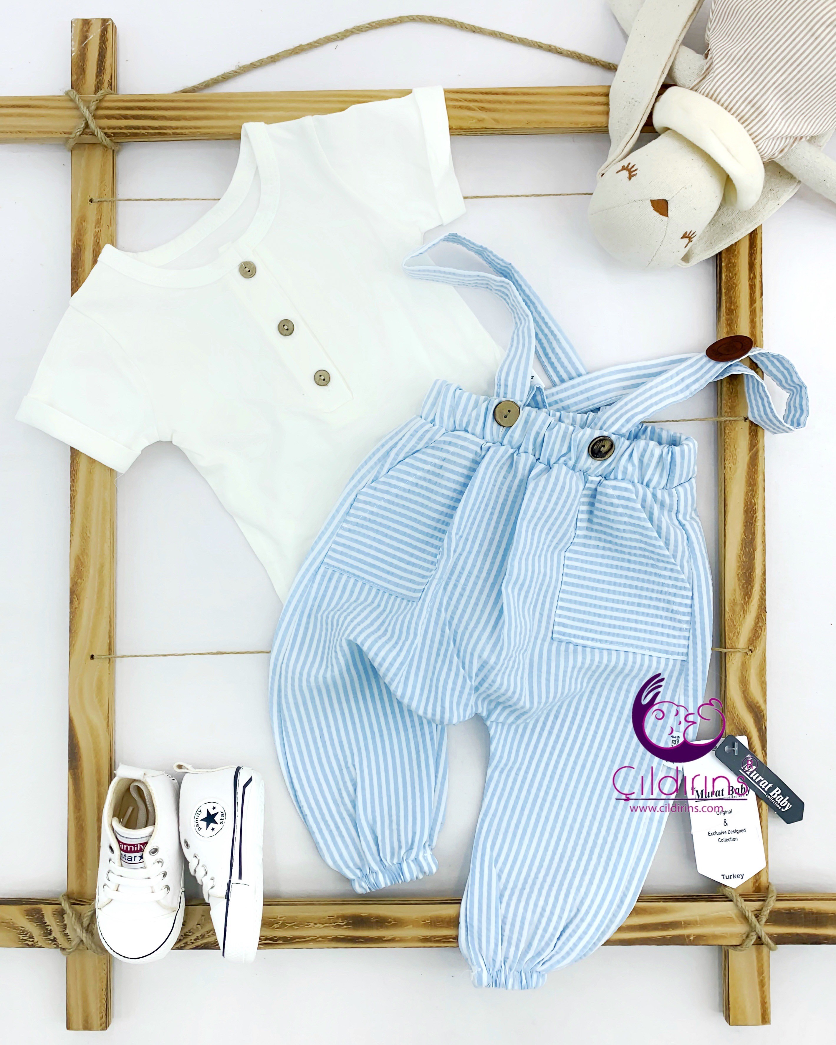 Miniapple Yazlık Salopeti Çizgili Beyaz Tshirtlü Bebek Tulumu Seti - MAVİ
