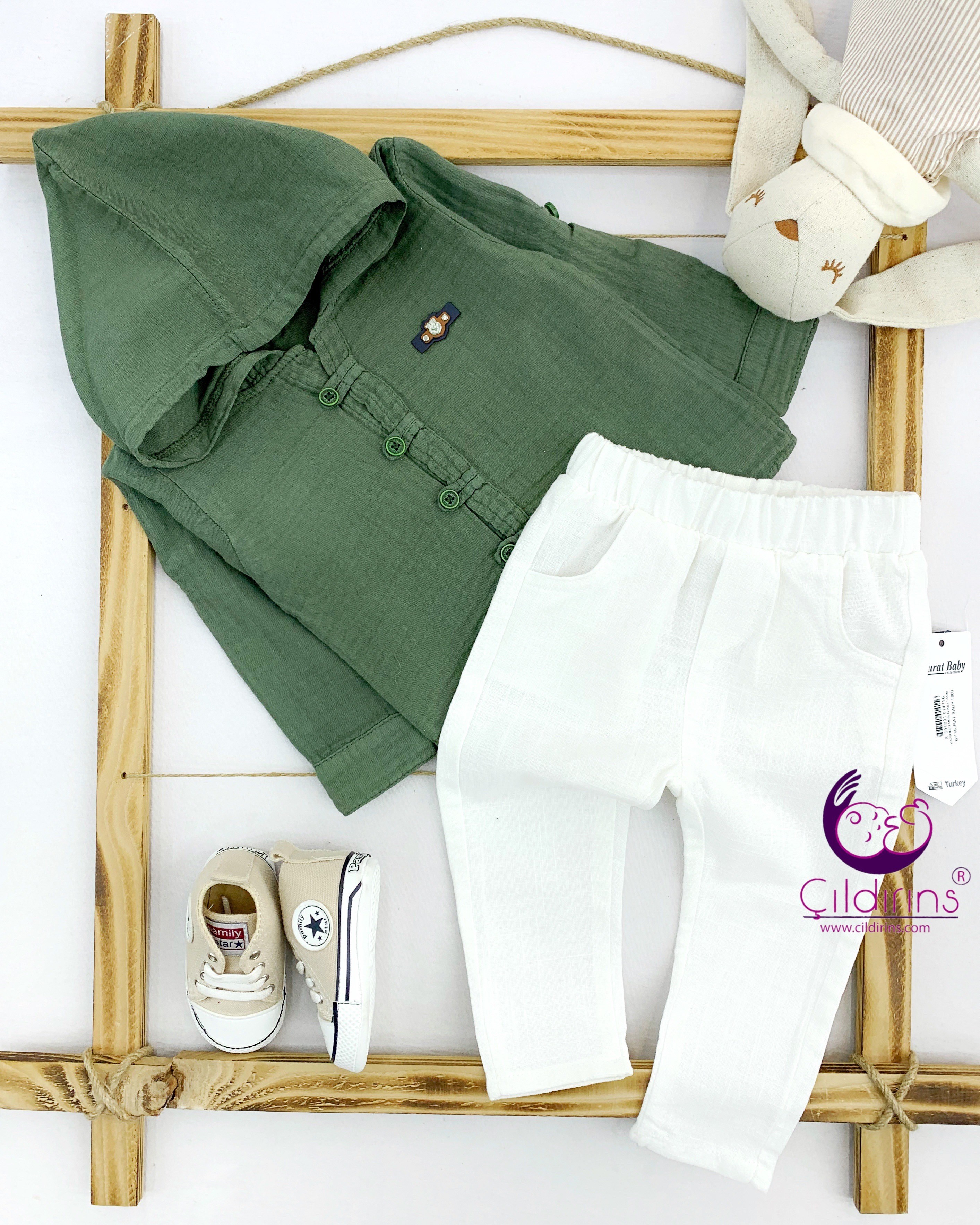 Miniapple Pantolonu ve Gömleği Muslin Kumaşlı Tarz 2’li Bebek Takımı - HAKİ