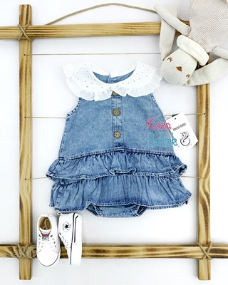 Miniapple Yazlık Önlük Yakalı Bebek Kot Elbisesi