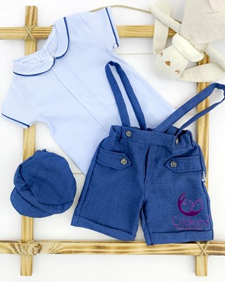 Miniapple Yazlık Gömleği Çift Şeritli Şapkalı Askılı 3’lü Bebek Takımı - MAVİ