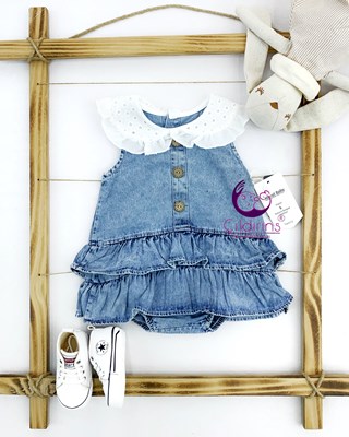 Miniapple Yazlık Önlük Yakalı Bebek Kot Elbisesi