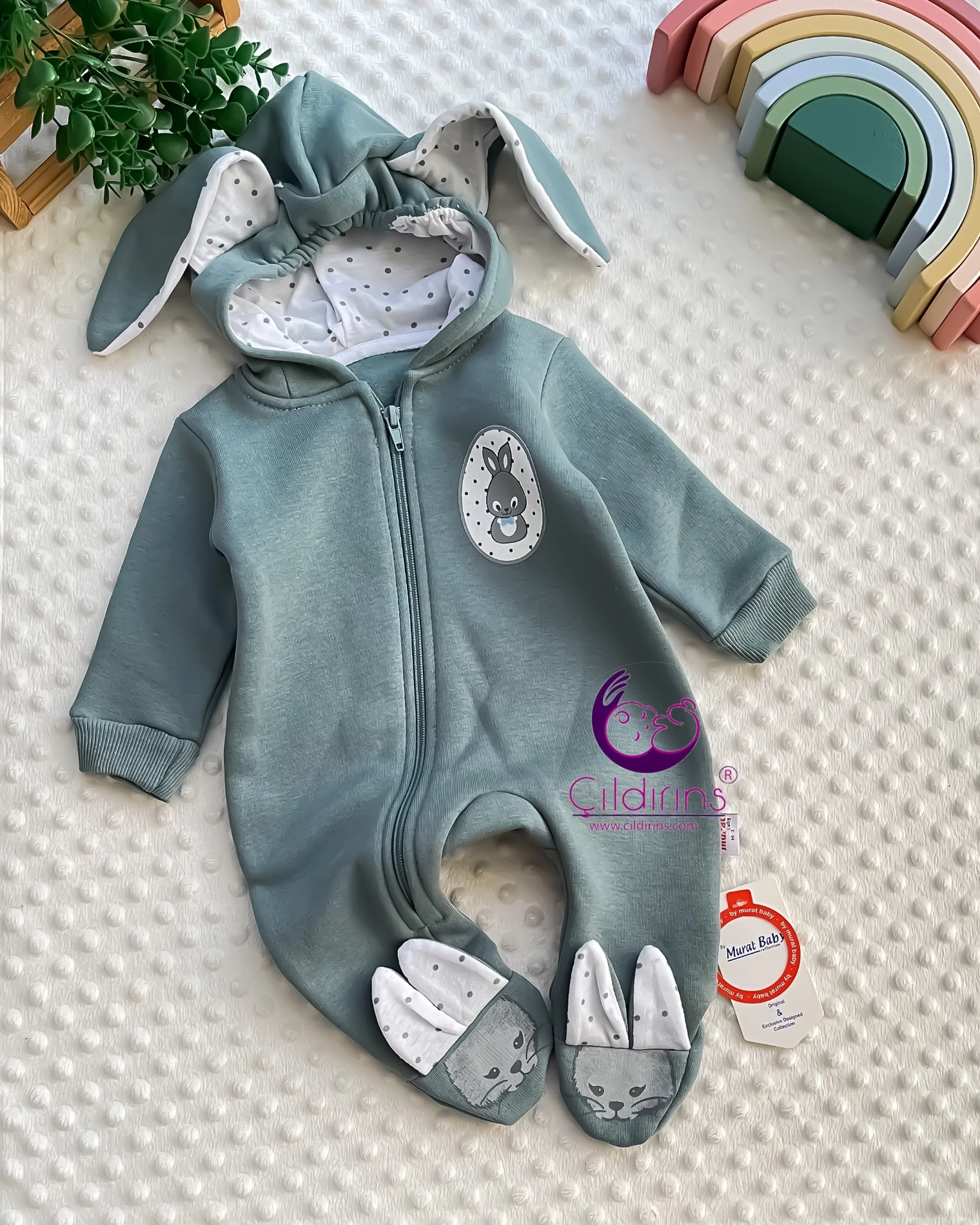 Miniapple 3 İplik Kendinden Tavşan Patikli Minik Puantiyeli Kapüşonlu Fermuarlı Bebek Tulumu - YEŞİL