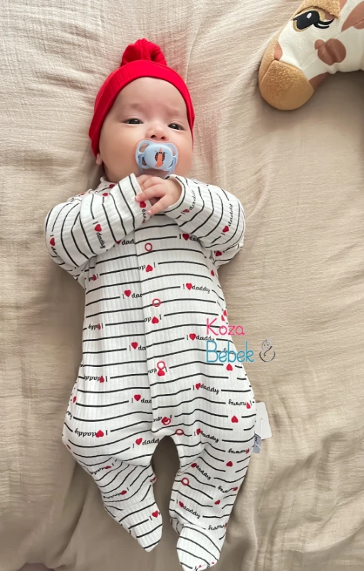 Miniapple Yatay Çizgili I Love Daddy Baskılı Fitilli Kumaş Şapkalı Alttan Çıtçıtlı Bebek Tulumu