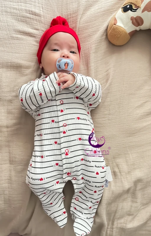 Miniapple Yatay Çizgili I Love Daddy Baskılı Fitilli Kumaş Şapkalı Alttan Çıtçıtlı Bebek Tulumu