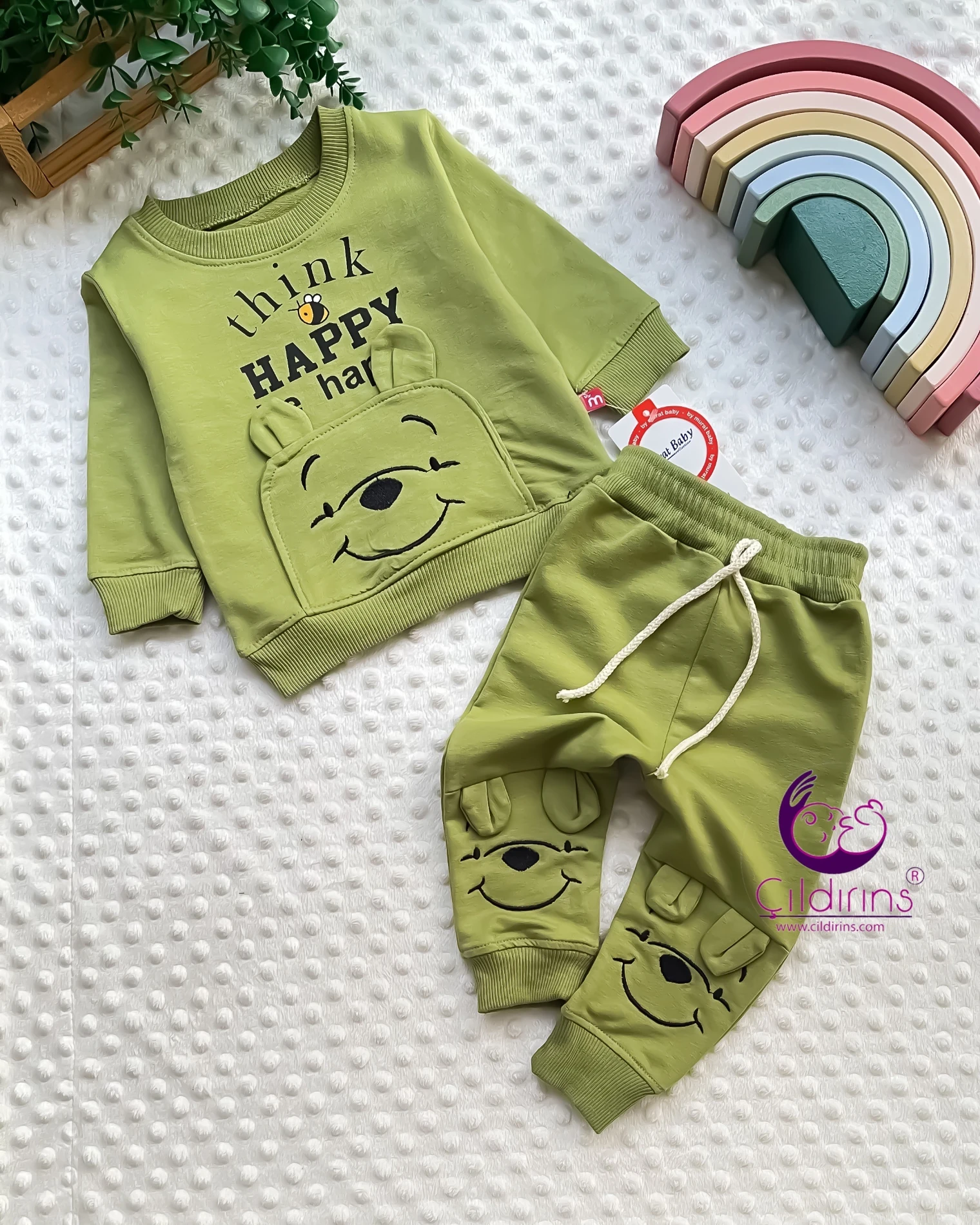 Miniapple Think Happy Ayıcık Nakışlı 2’li Bebek Takımı - YEŞİL