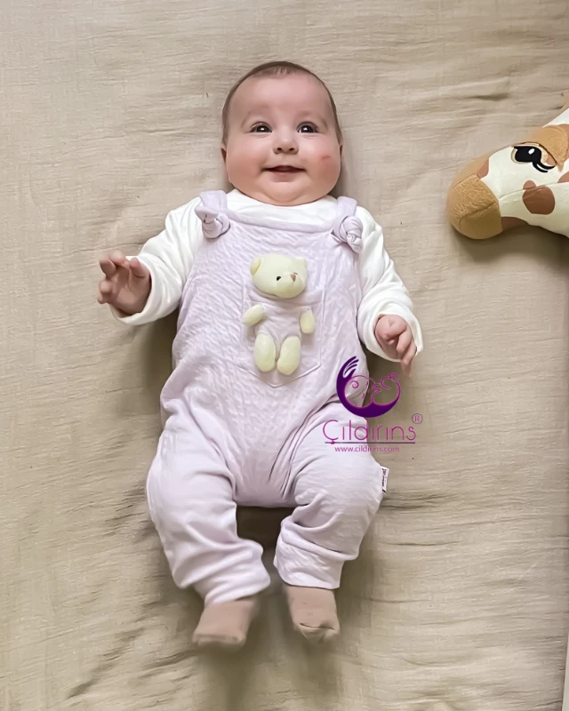 Miniapple Müslin Kumaşlı Oyuncak Ayıcıklı Badili Salopet Bebek Tulumu - LİLA