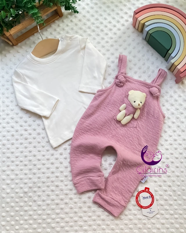 Miniapple Müslin Kumaşlı Oyuncak Ayıcıklı Badili Salopet Bebek Tulumu - KİREMİT