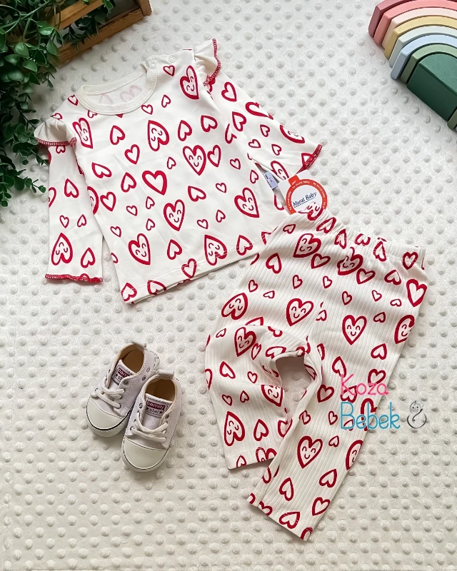 Miniapple Gülen Kalp Baskılı Fitilli Kumaş 2’li Bebek Takımı