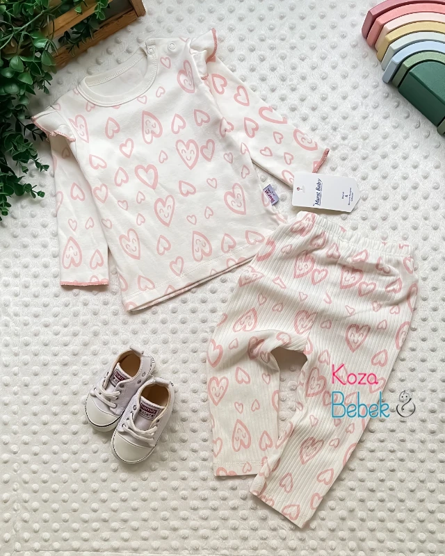 Miniapple Gülen Kalp Baskılı Fitilli Kumaş 2’li Bebek Takımı