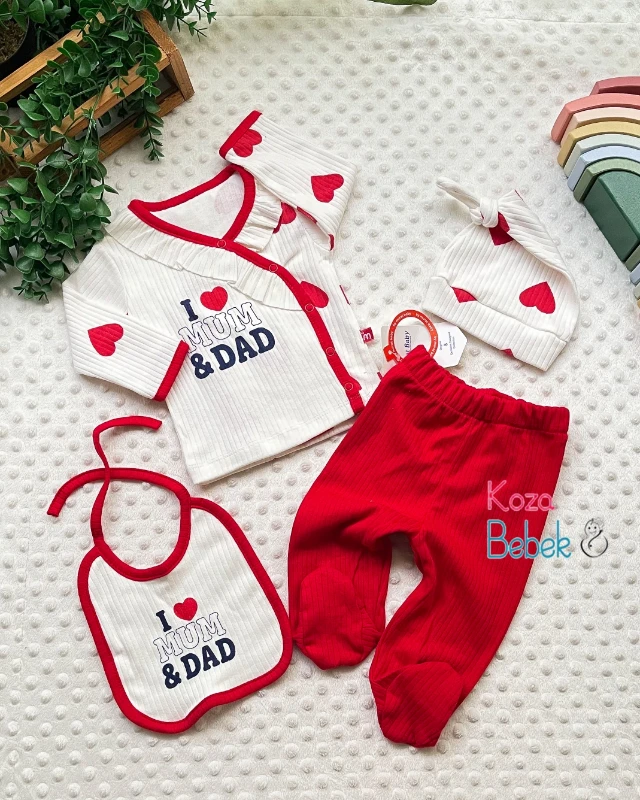 Miniapple Yakası Fırfırlı I Love Mum Dad Kalp Baskılı 4 Parça Set - Kırmızı Beyaz