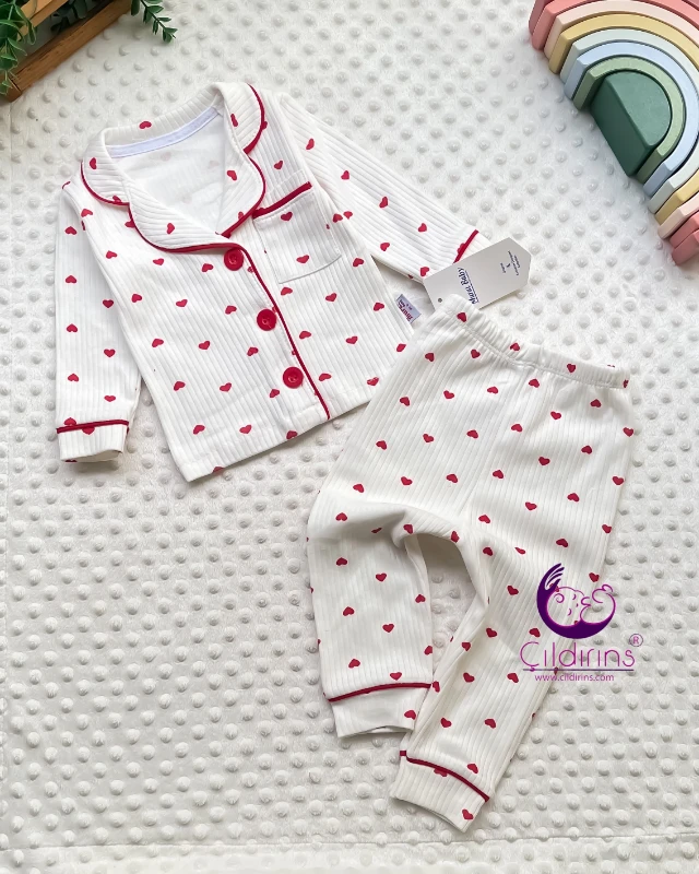 Miniapple Küçük Kalpler Baskılı Düğmeli 2’li Pijama Takımı