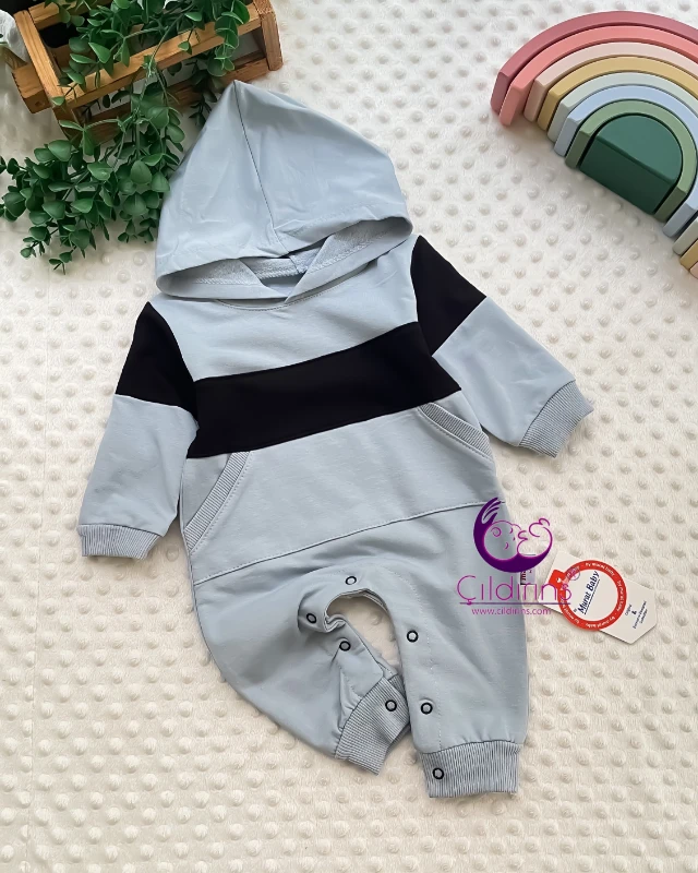 Miniapple Siyah Şeritli Önden Cepli Kapüşonlu Bebek Tulumu - BEBE MAVİSİ