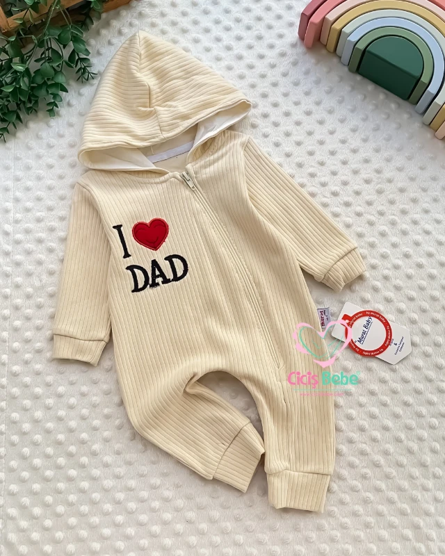 Miniapple Kalpli I Dad Nakışlı Fitilli Kumaş Kapüşonlu Fermuarlı Bebek Tulumu