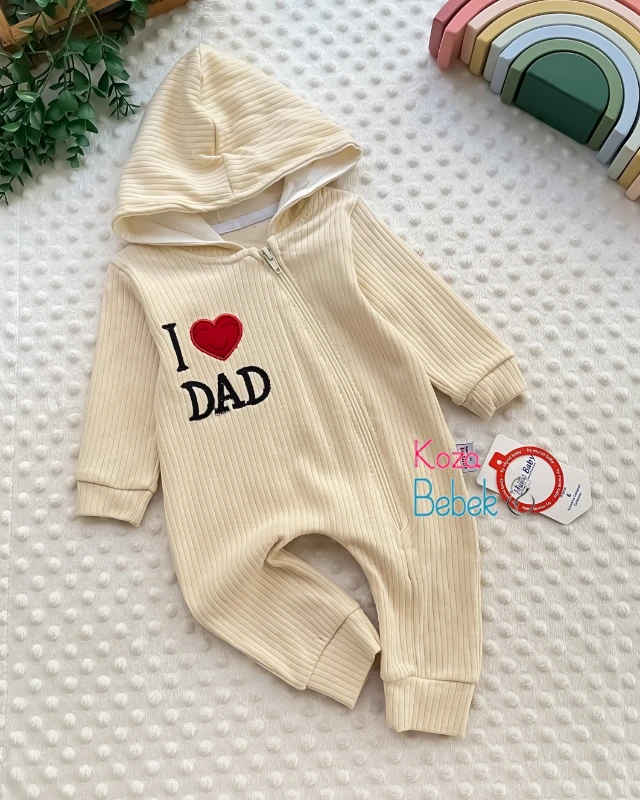 Miniapple Kalpli I Dad Nakışlı Fitilli Kumaş Kapüşonlu Fermuarlı Bebek Tulumu