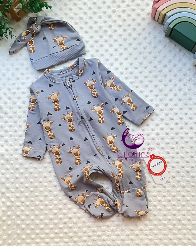 Miniapple Zürafa Baskılı Şapkalı Fermuarlı Bebek Tulumu - KREM