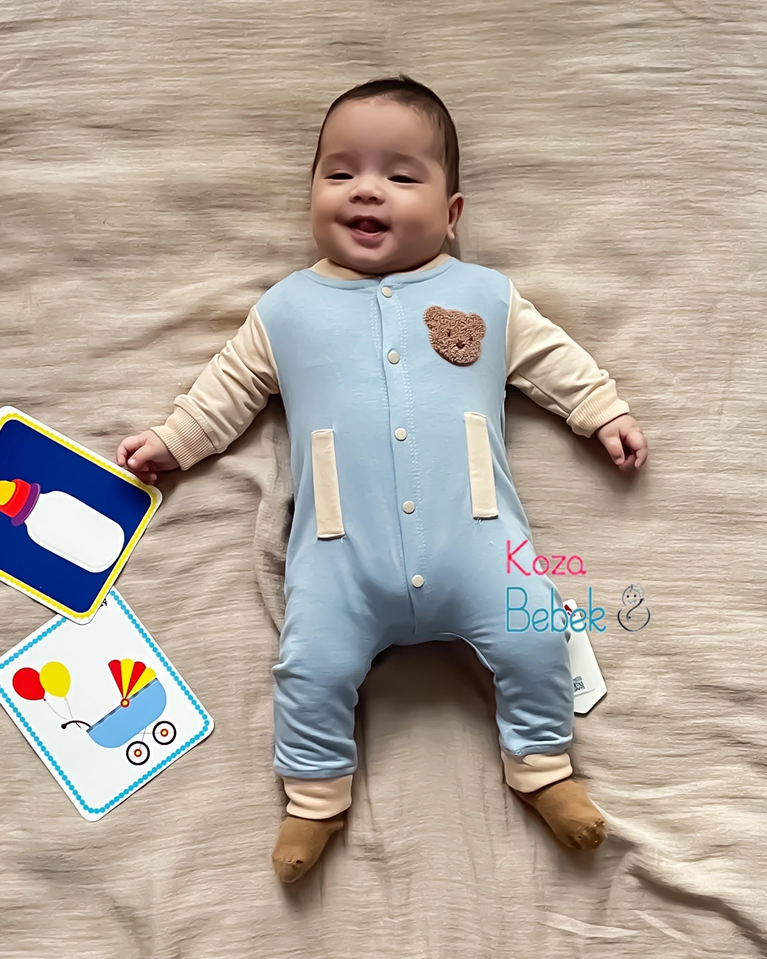 Miniapple Çift Renk Süzene Ayıcık Nakışlı Çıtçıtlı Bebek Tulumu