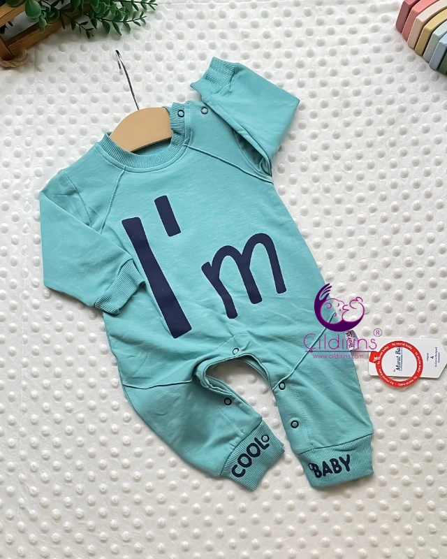Miniapple I’m Cool Baby Baskılı Alttan ve Omuzdan Çıtçıtlı Bebek Tulumu - TURKUAZ