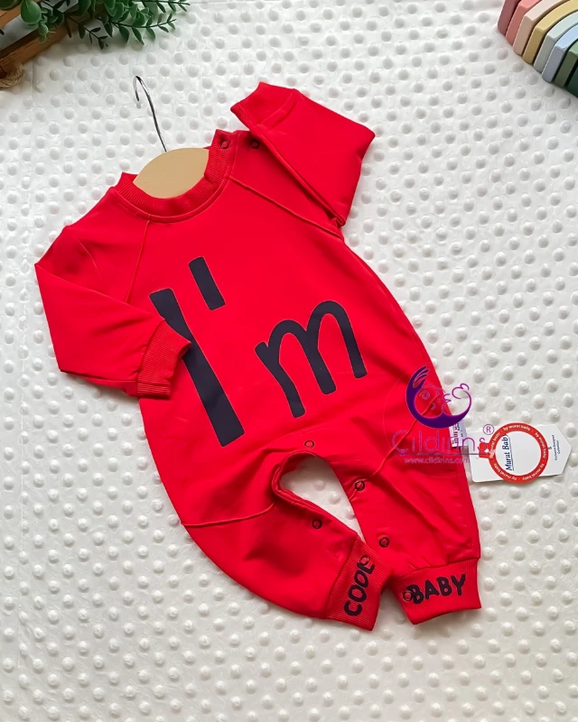 Miniapple I’m Cool Baby Baskılı Alttan ve Omuzdan Çıtçıtlı Bebek Tulumu - KIRMIZI