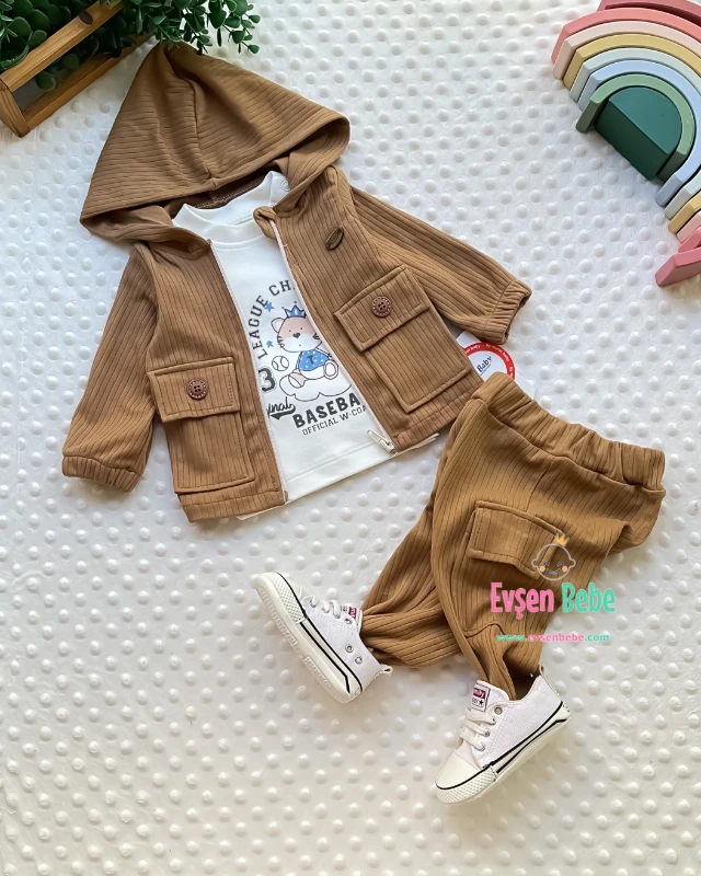 Miniapple Kadife Ceket ve Pantolonlu Badili 3’lü Bebek Takımı