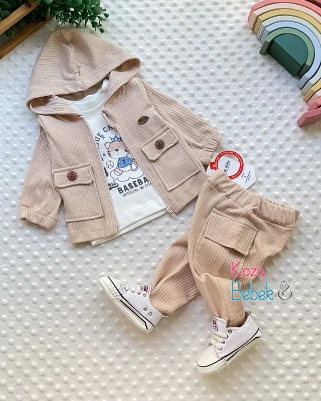 Miniapple Kadife Ceket ve Pantolonlu Badili 3’lü Bebek Takımı