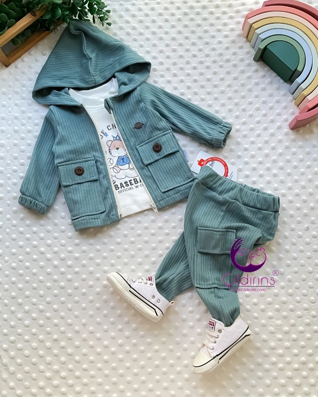 Miniapple Kadife Ceket ve Pantolonlu Badili 3’lü Bebek Takımı - YEŞİL