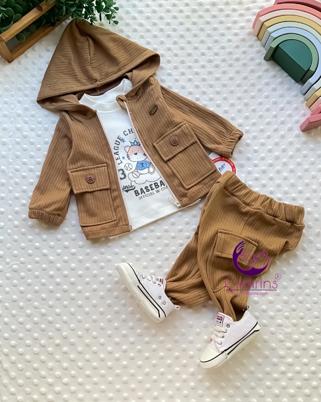Miniapple Kadife Ceket ve Pantolonlu Badili 3’lü Bebek Takımı - KAHVERENGİ