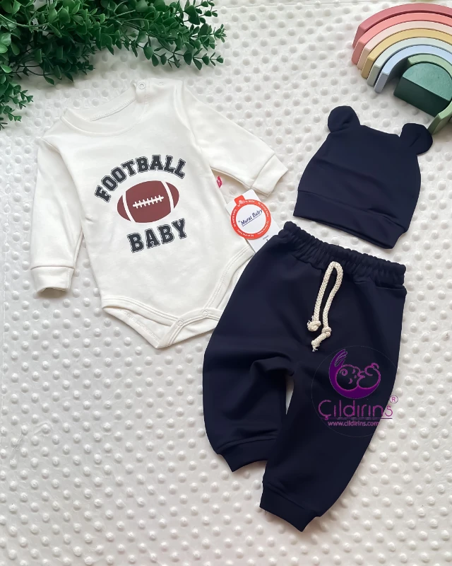 Miniapple Football Baby Baskılı Şapkalı 3’lü Bebek Takımı