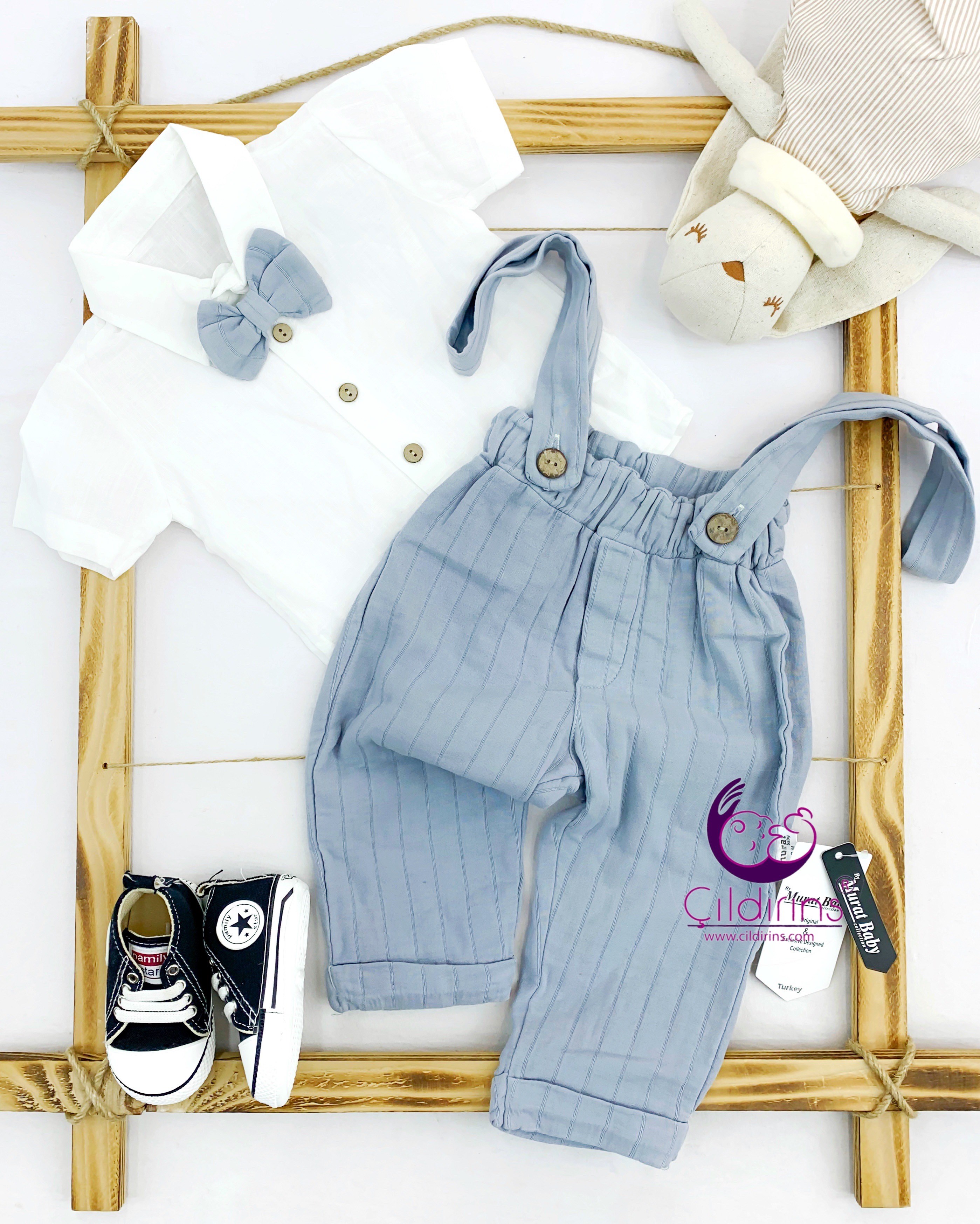 Miniapple Yazlık Papyonlu Gömlekli Çizgili Muslin Pantolonlu Askılı 2’li Bebek Takımı - YEŞİL