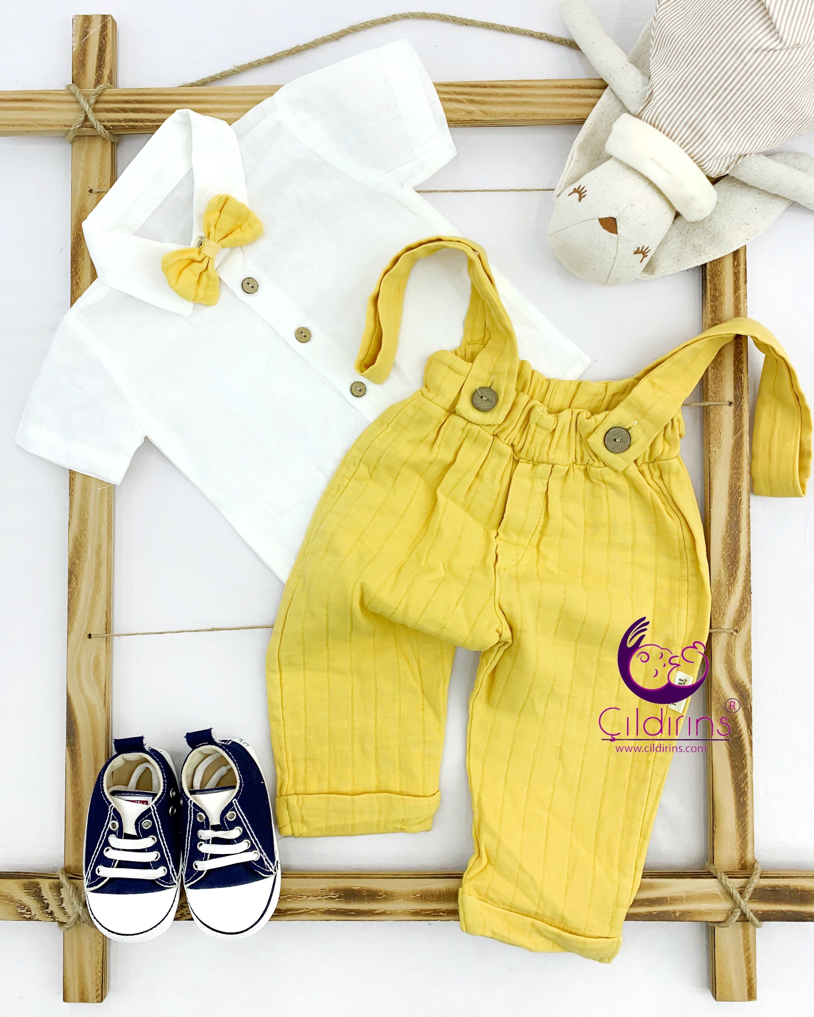Miniapple Yazlık Papyonlu Gömlekli Çizgili Muslin Pantolonlu Askılı 2’li Bebek Takımı - YEŞİL