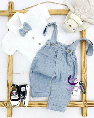 Miniapple Yazlık Papyonlu Gömlekli Çizgili Muslin Pantolonlu Askılı 2’li Bebek Takımı - GRİ