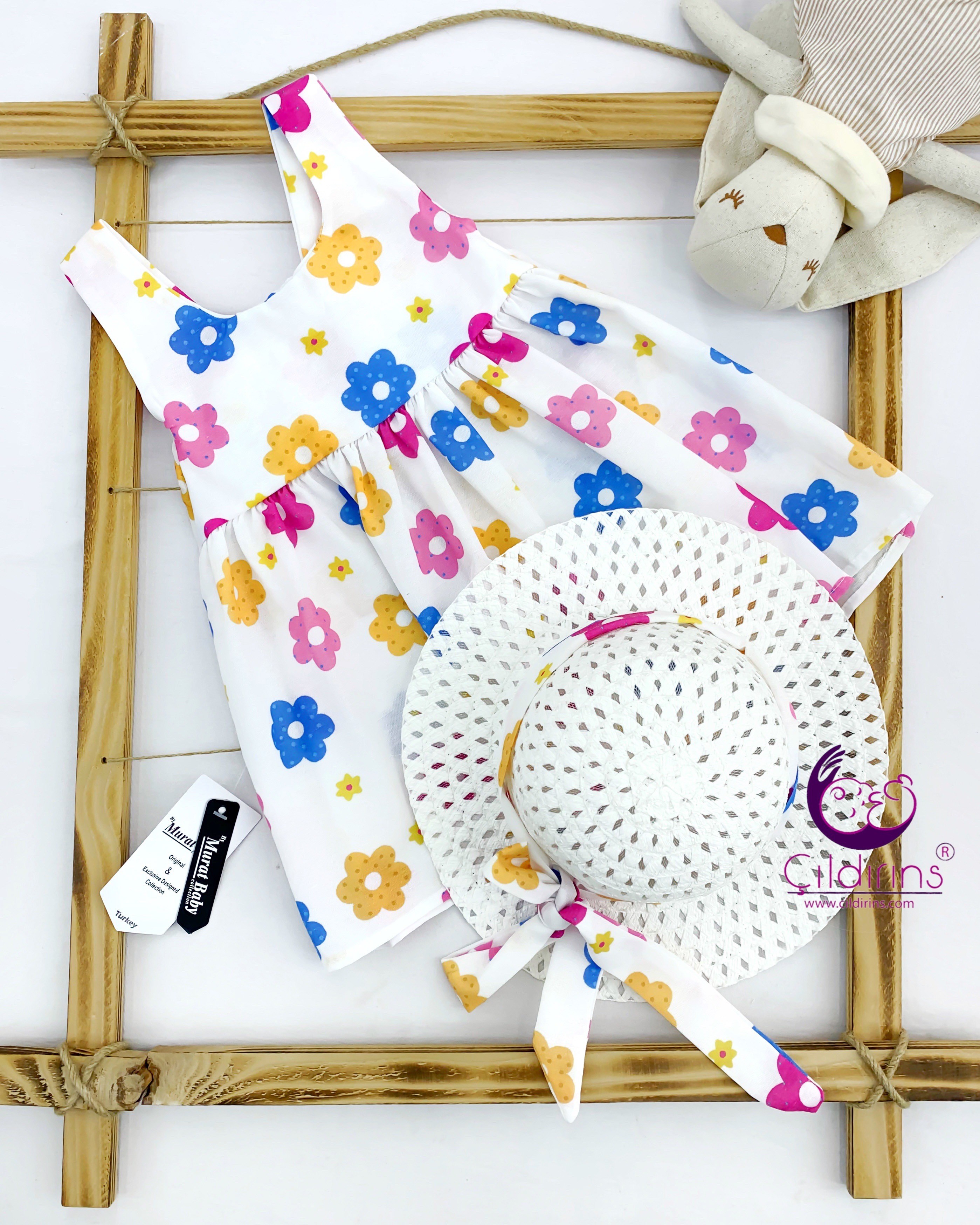 Miniapple Yazlık Hasır Şapkalı Yıldızlı Çiçek Desenli Bebek Elbisesi - MAVİ