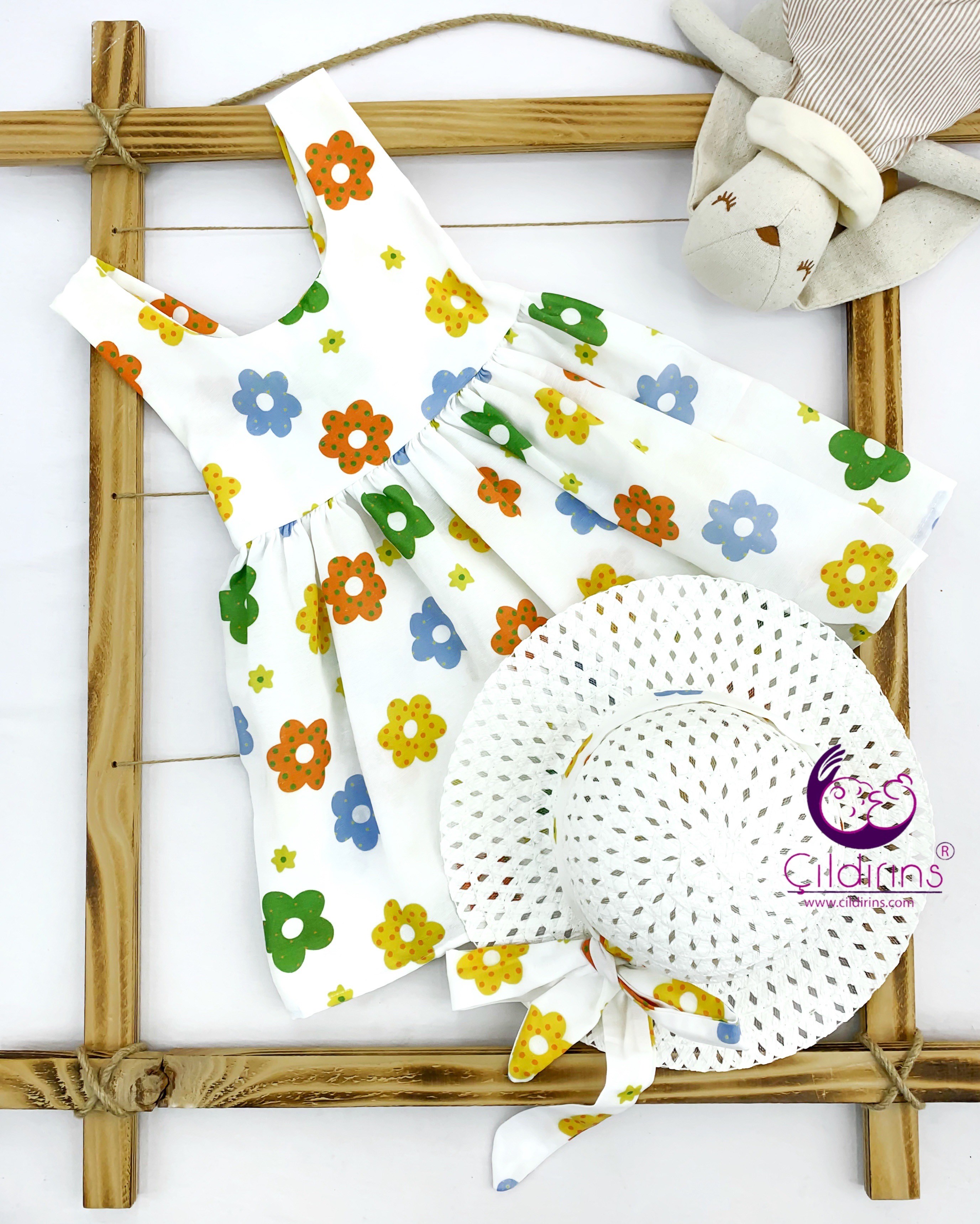 Miniapple Yazlık Hasır Şapkalı Yıldızlı Çiçek Desenli Bebek Elbisesi - TURUNCU