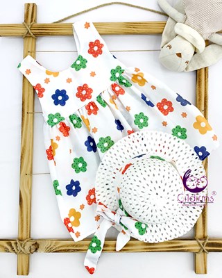 Miniapple Yazlık Hasır Şapkalı Yıldızlı Çiçek Desenli Bebek Elbisesi - YEŞİL