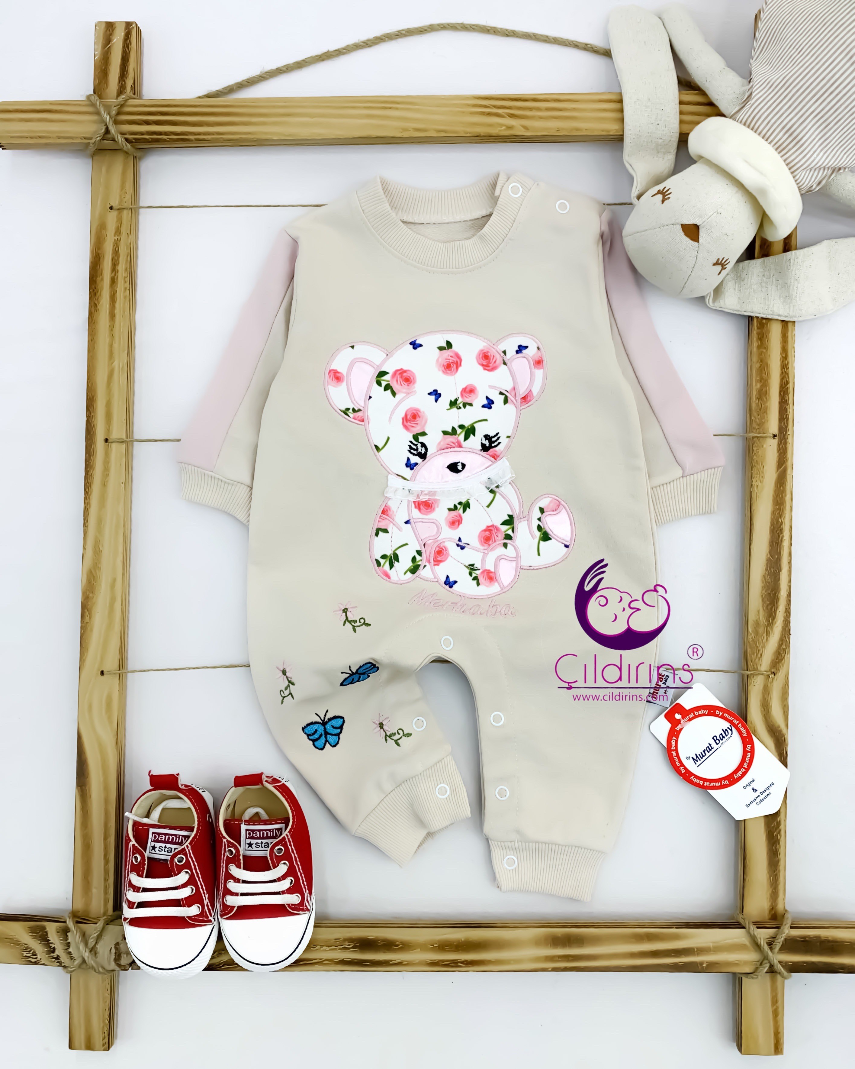 Miniapple Çiçekli Ayıcık Nakışlı Alttan Çıtçıtlı Bebek Tulumu - LİLA