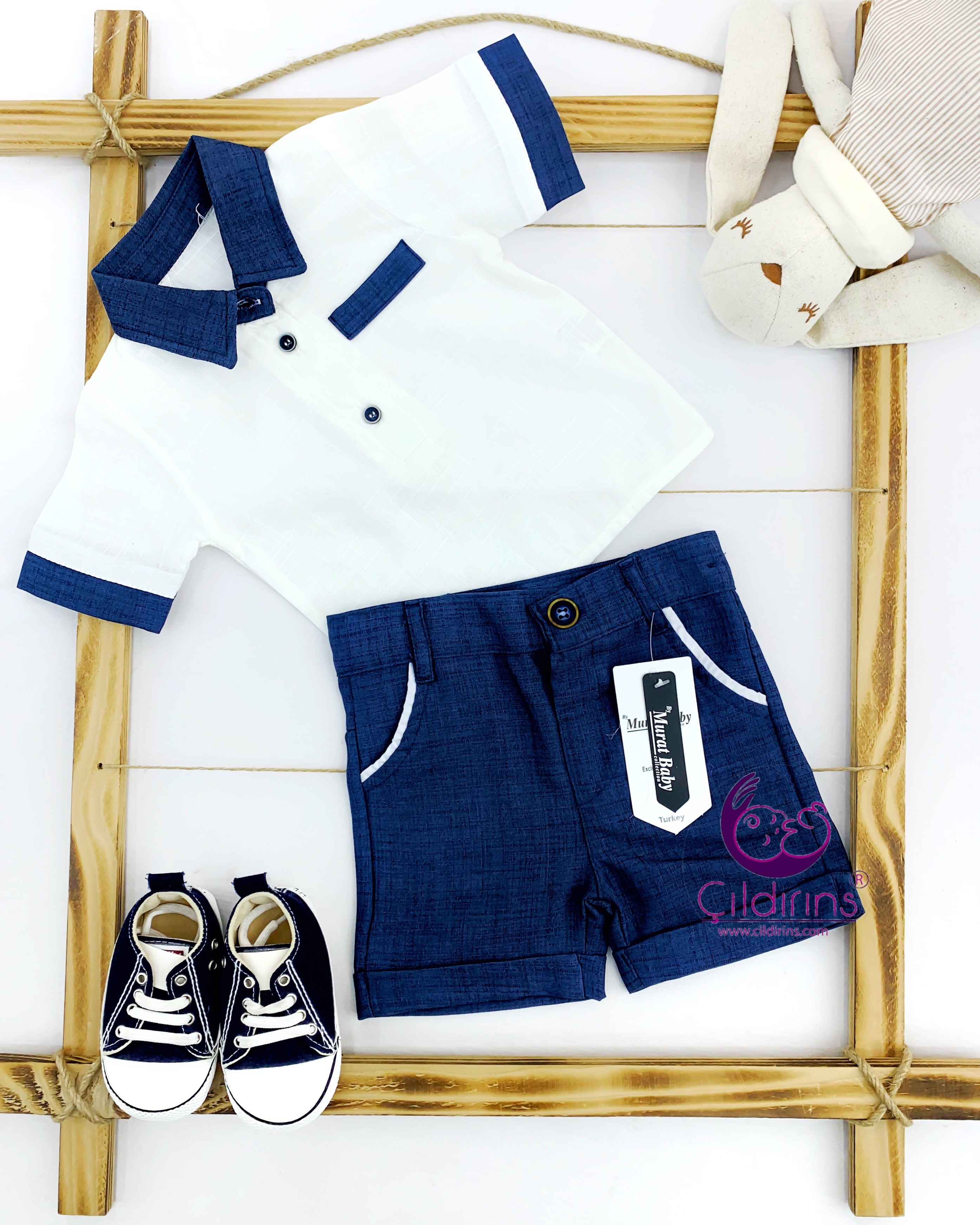 Miniapple Yazlık Cebi Beyaz Şeritli Gömlekli 2’li Bebek Takımı - LACİVERT