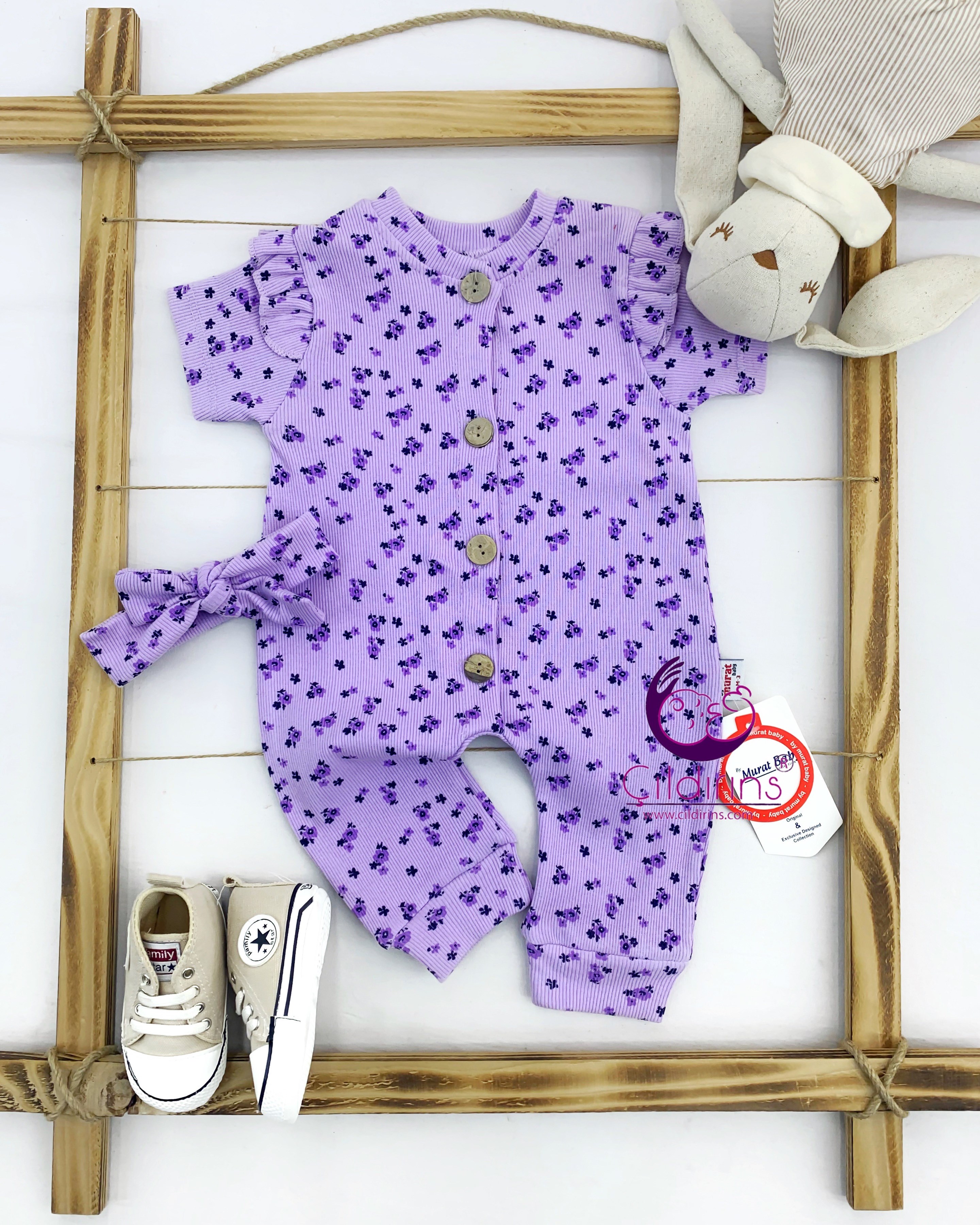 Miniapple Yazlık Fitilli Kumaş Küçük Çiçek Desenli Bandanalı Düğmeli Bebek Tulumu - LİLA
