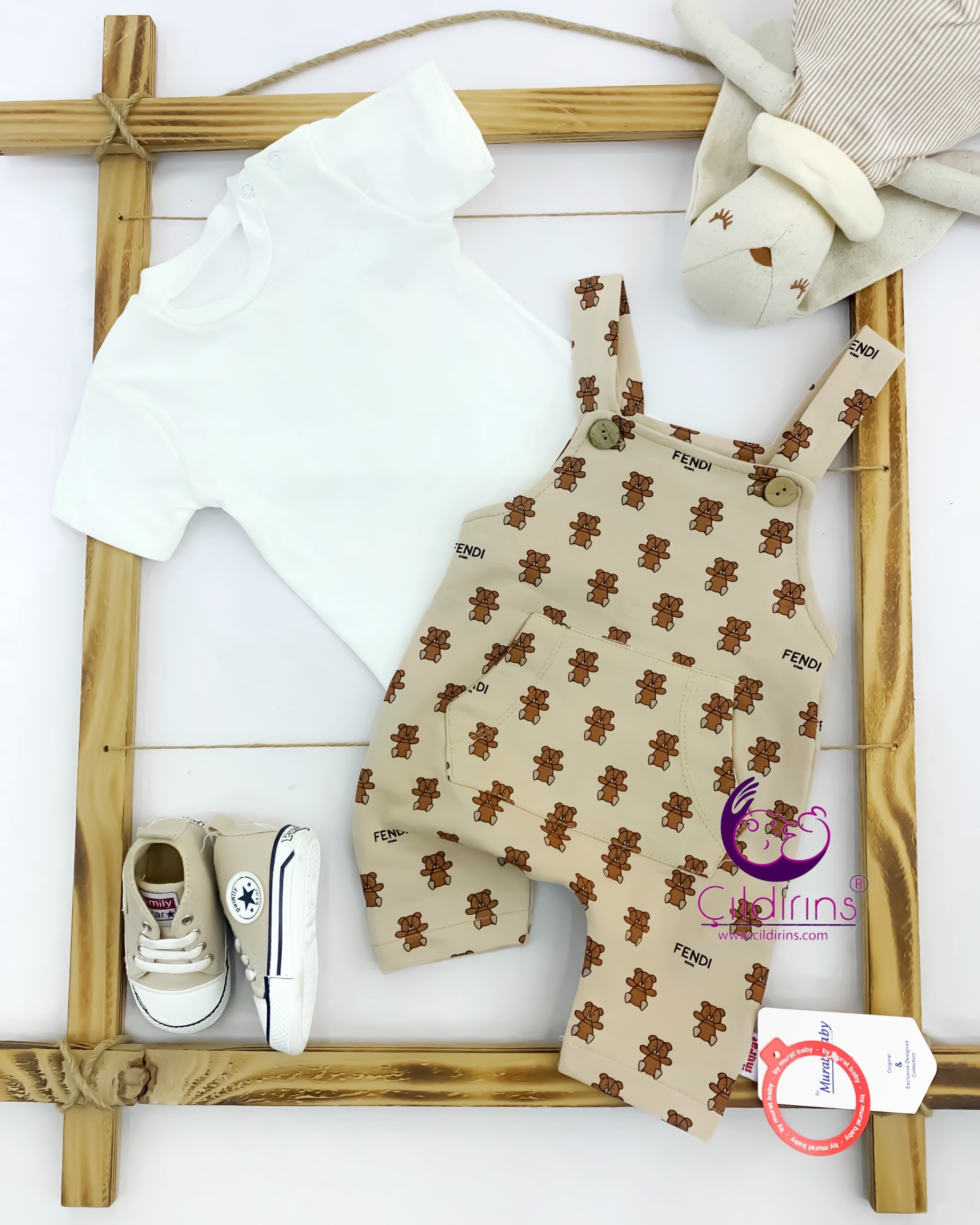 Miniapple Yazlık Küçük Fendi Ayıcık Desenli Badili Salopet Bebek Tulumu - KAHVERENGİ