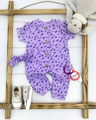 Miniapple Yazlık Fitilli Kumaş Küçük Çiçek Desenli Bandanalı Düğmeli Bebek Tulumu - LİLA