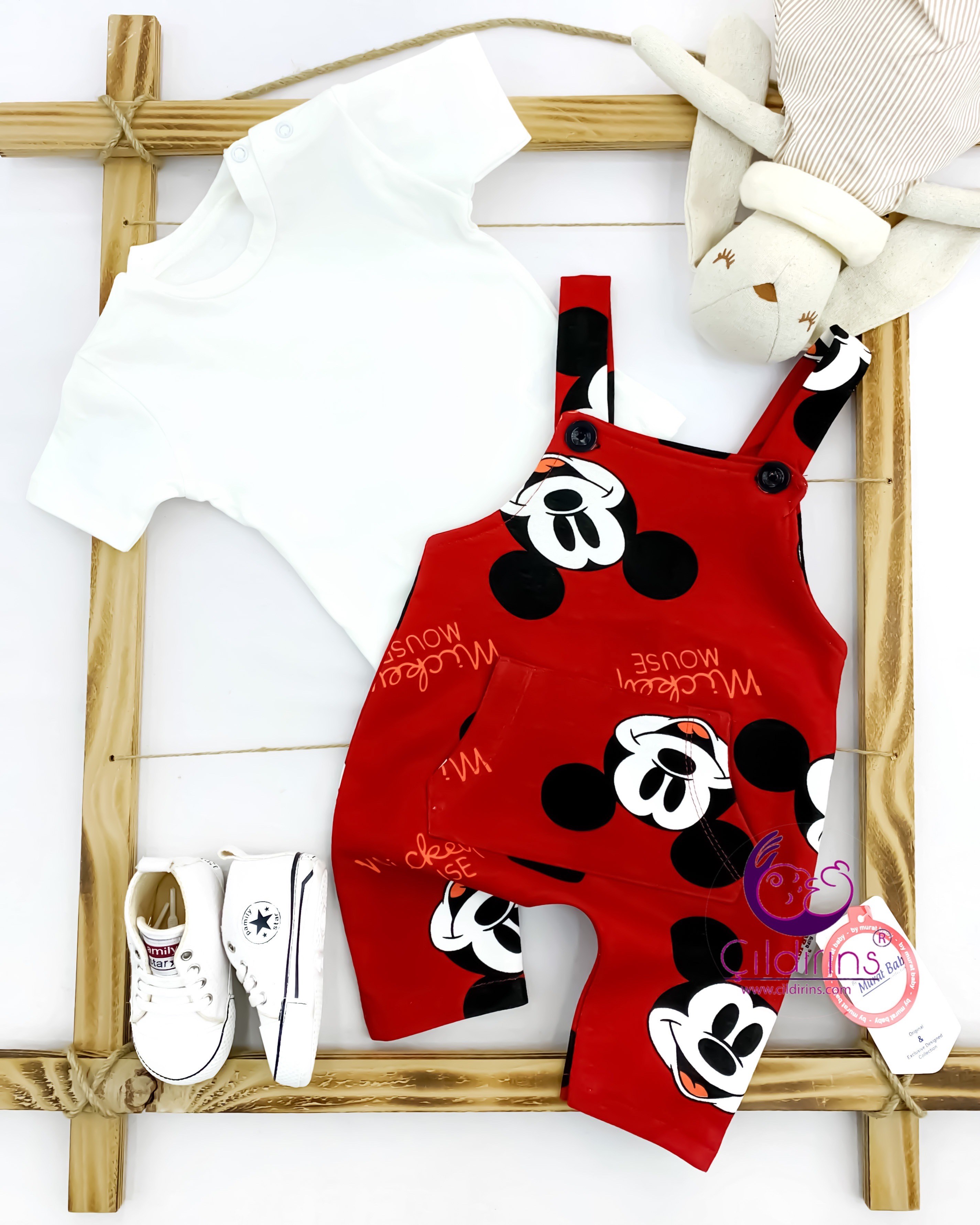 Miniapple Yazlık Mickey Mouse Baskılı İçi Badili Salopet Bebek Tulumu - KAHVERENGİ