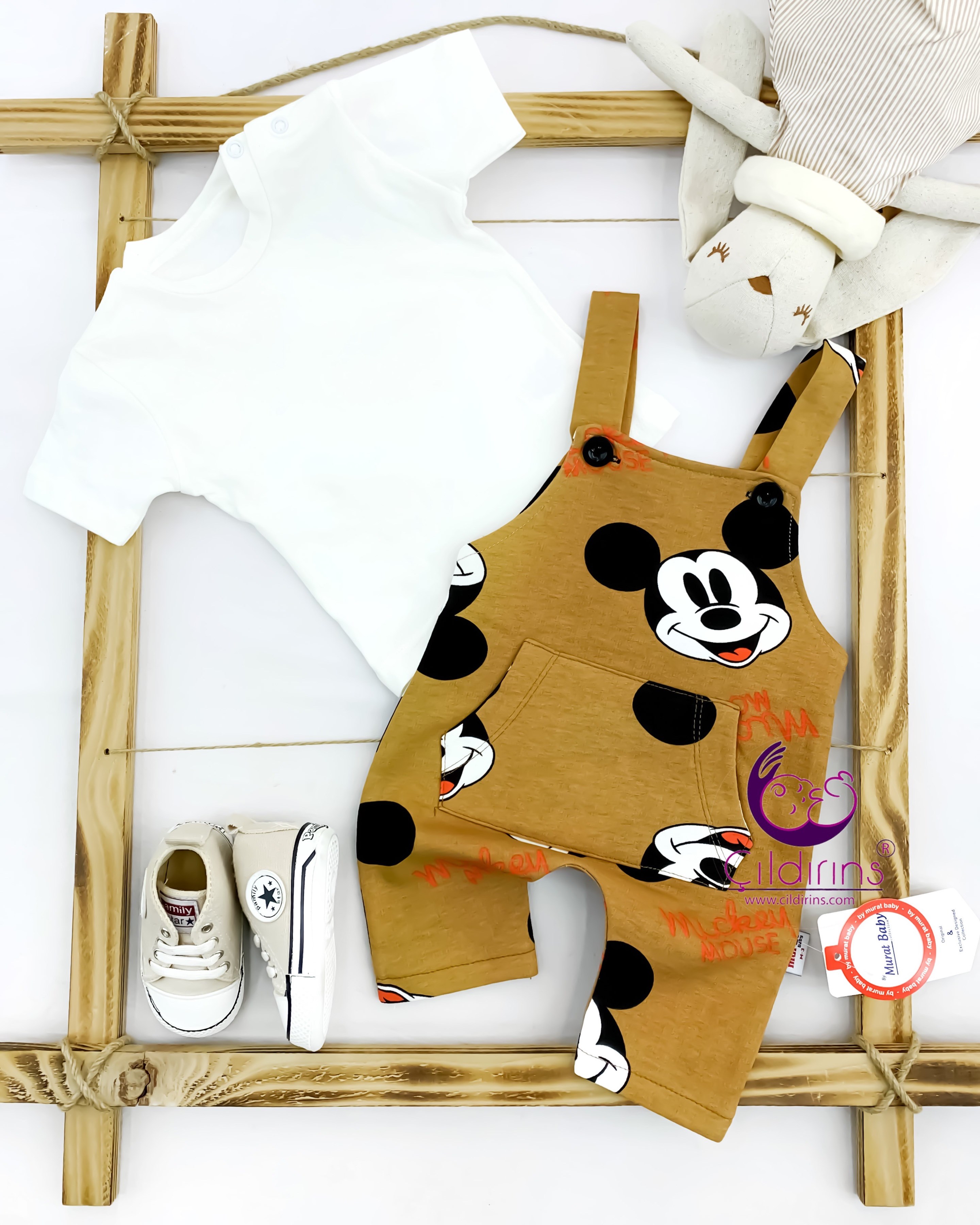 Miniapple Yazlık Mickey Mouse Baskılı İçi Badili Salopet Bebek Tulumu - KIRMIZI