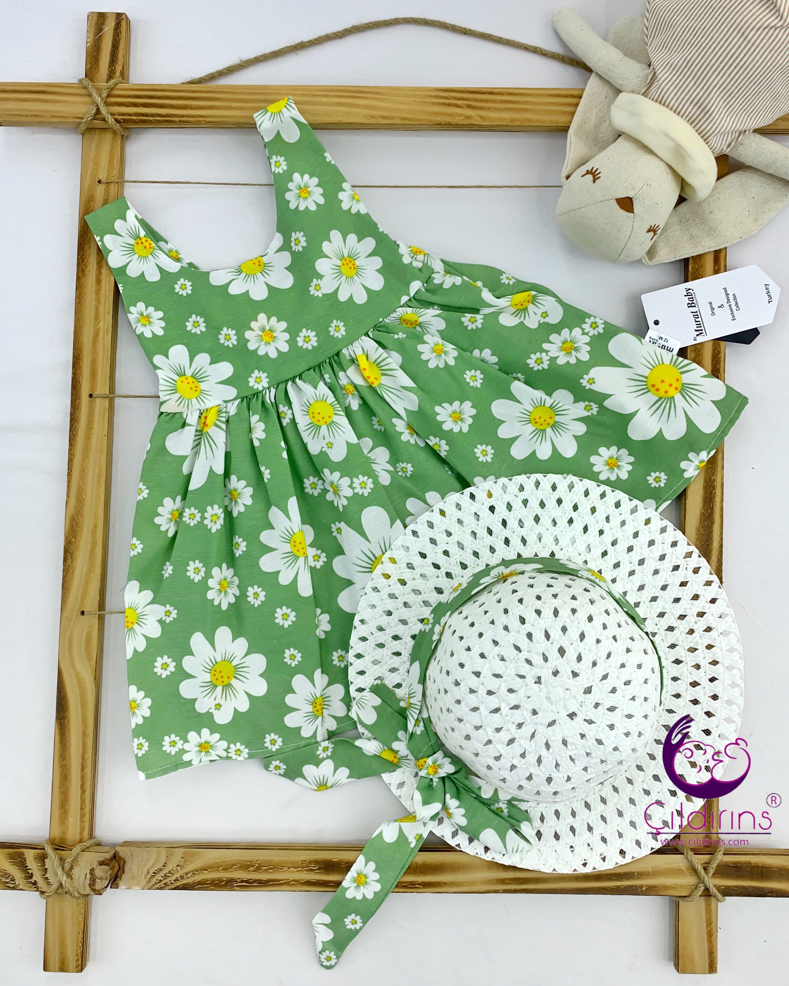 Miniapple Yazlık Hasır Şapkalı Orkide Desenli Bebek Elbisesi - SARI