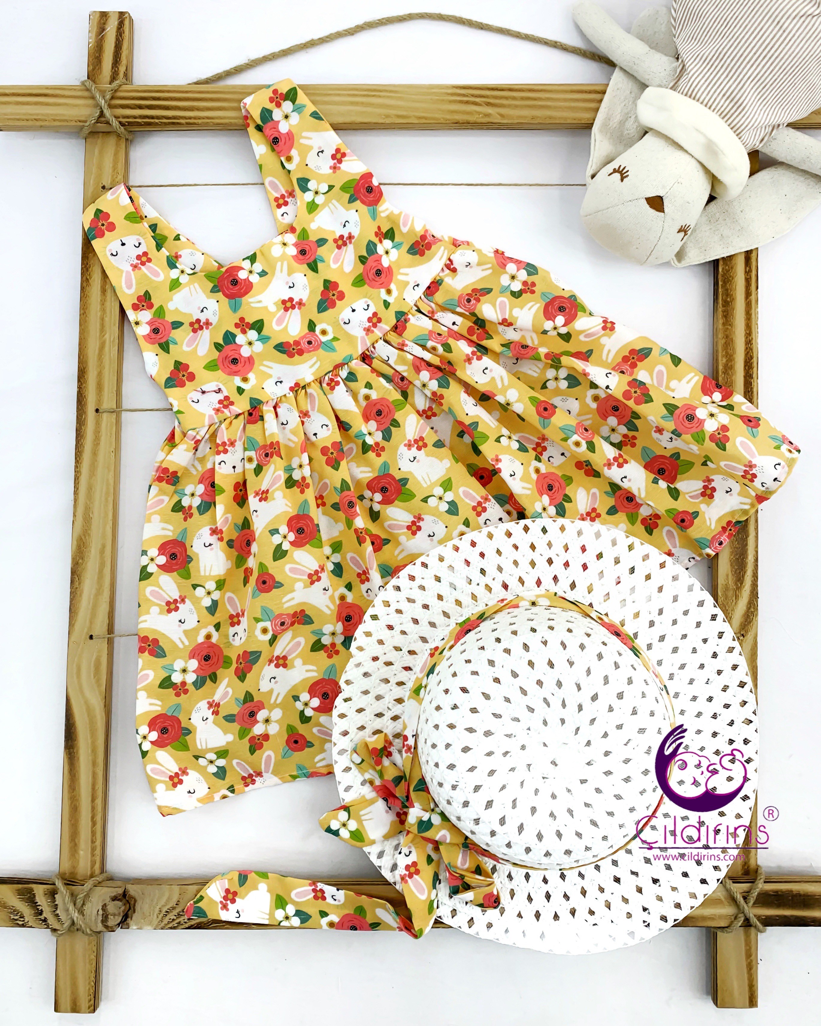 Miniapple Yazlık Hasır Şapkalı Tavşan Desenli Bebek Elbisesi - SOMON
